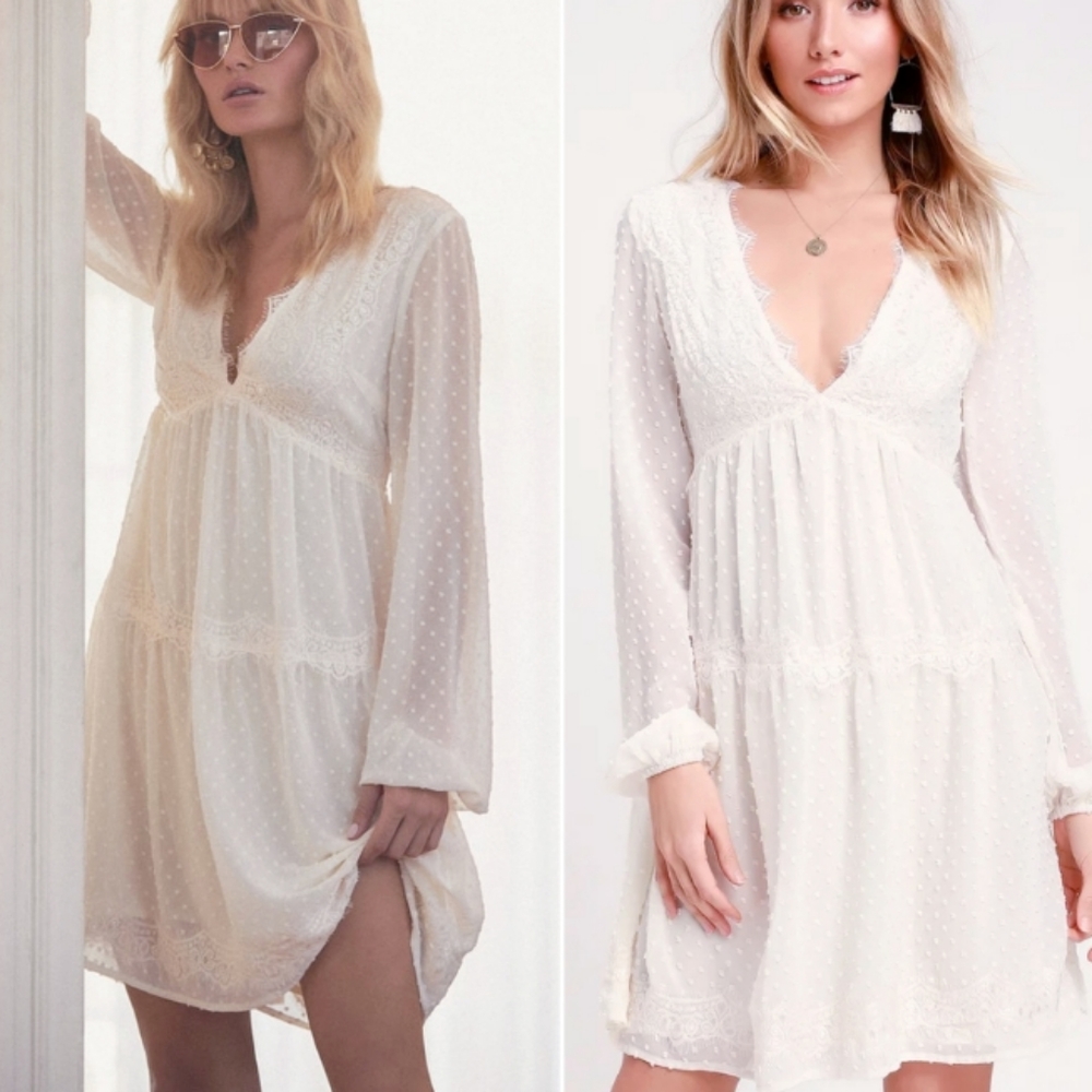 Lulu's Ivory Dress Western Long Balloon Sleeves Vneck